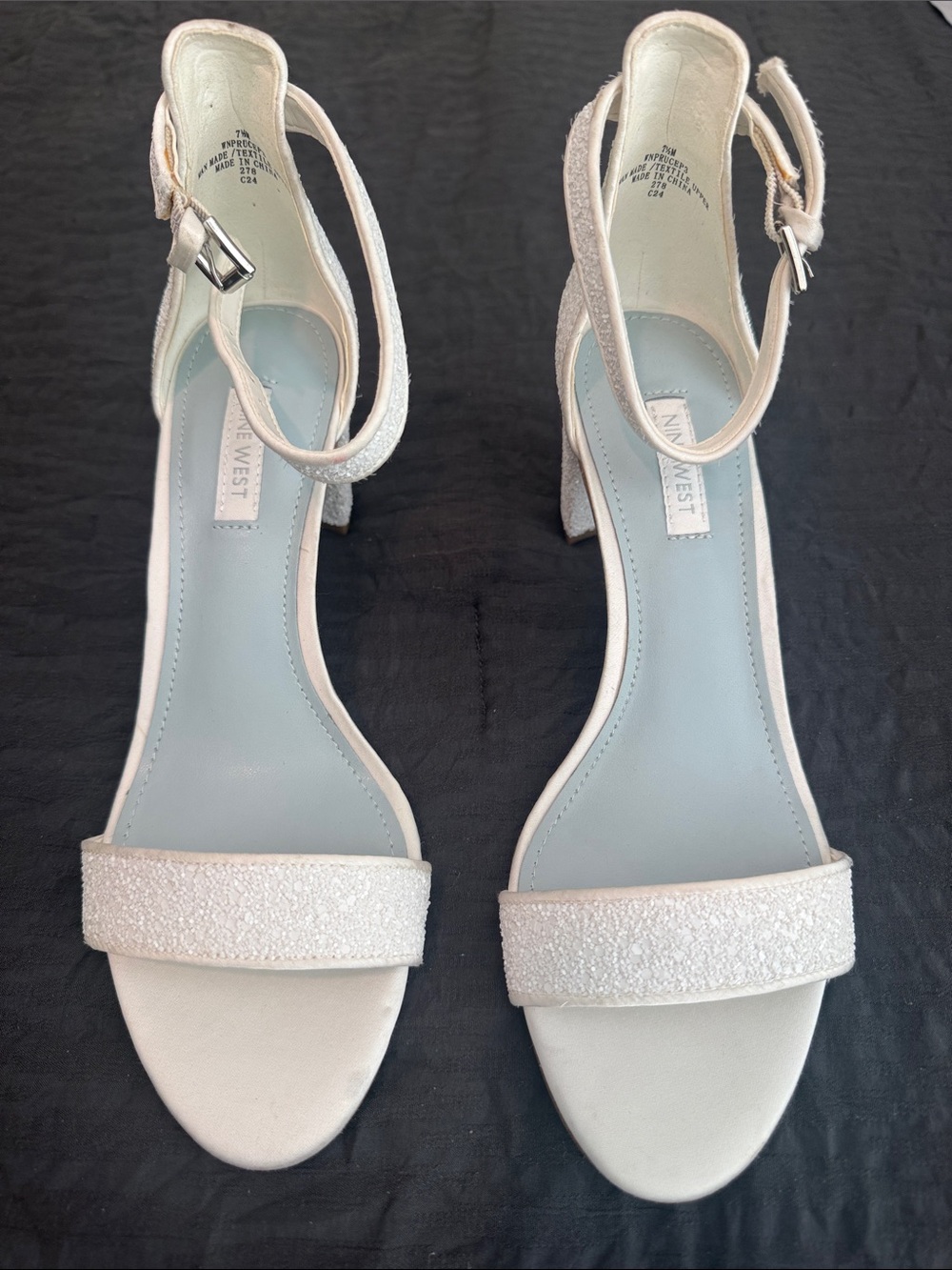 Nine West White Glitter Strap Block Heel Sandals
